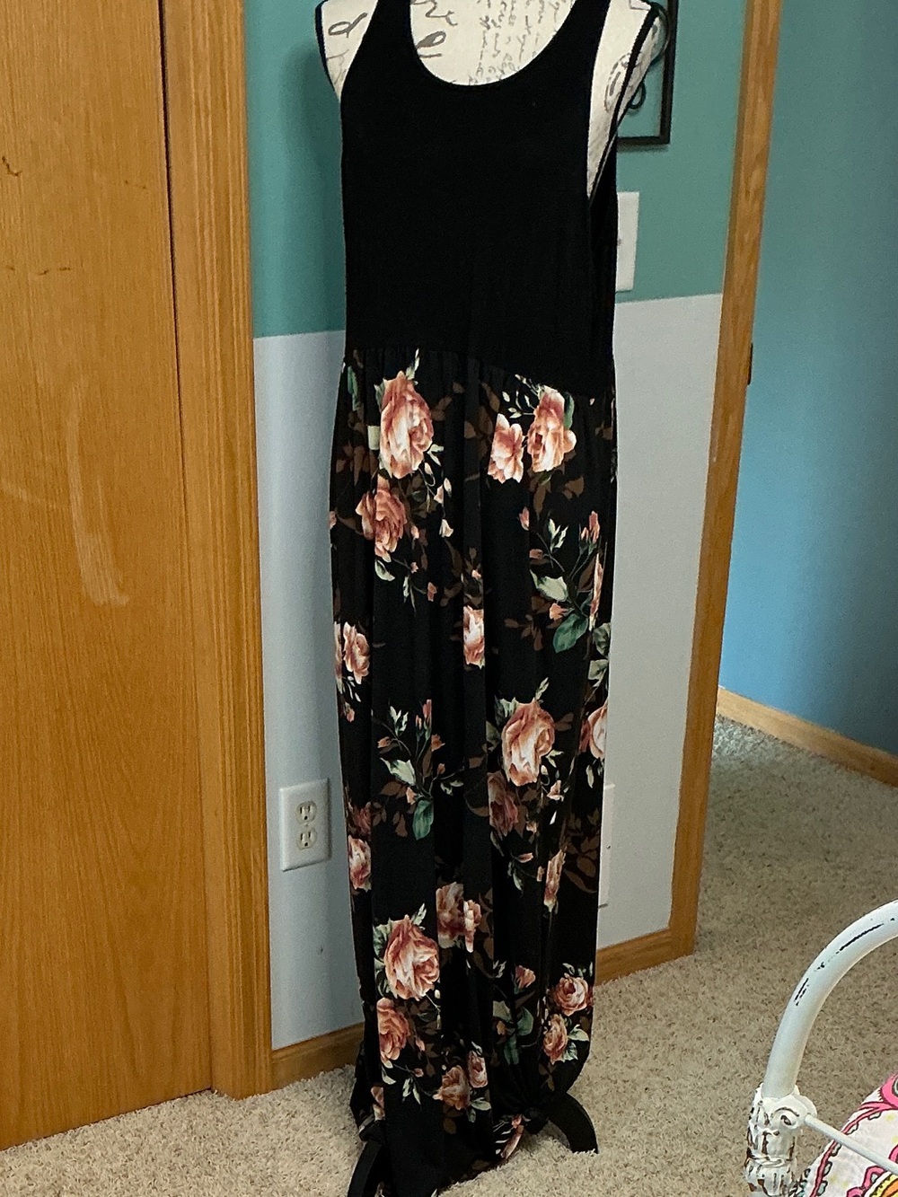 Black Floral Maxi Dress with Peach Rose Print